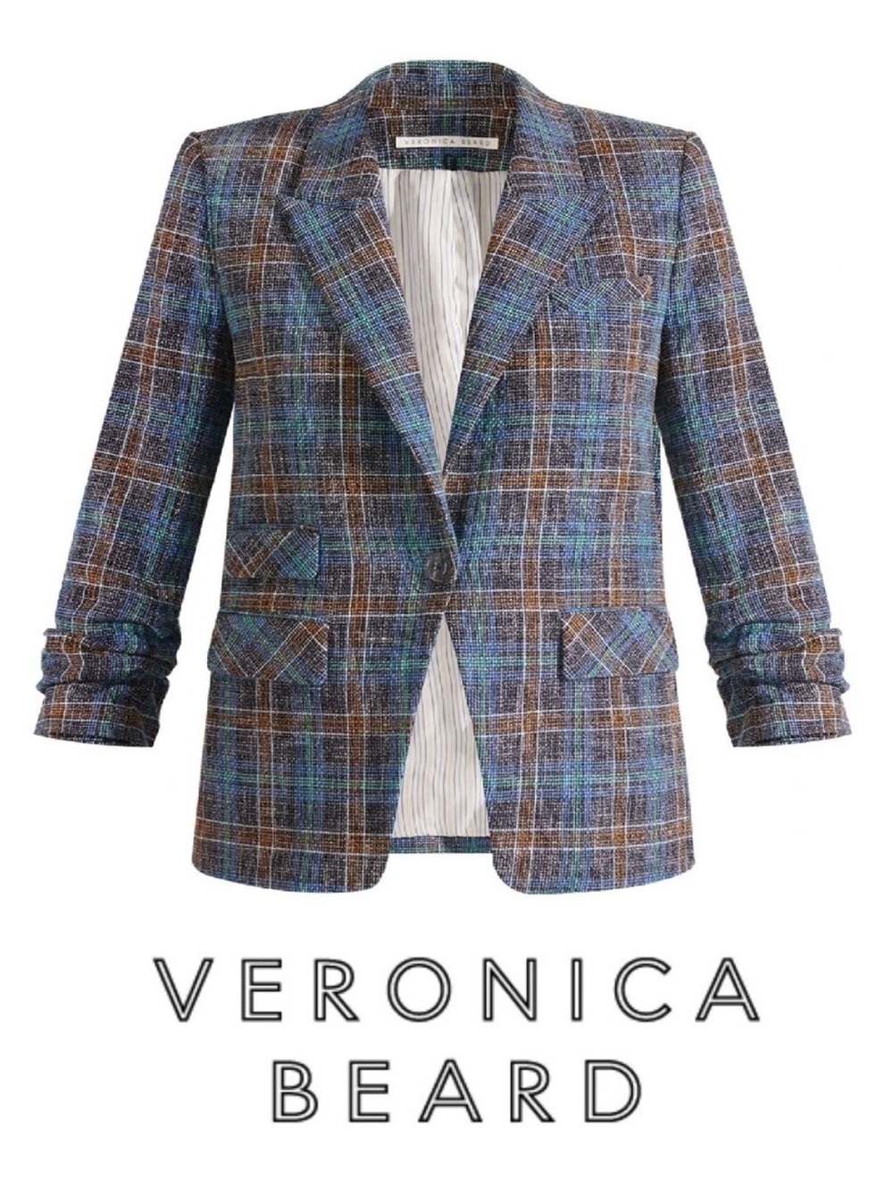 VERONICA BEARD Dickey Blue Plaid MARTEL Ruched Slv Cotton Linen Blazer Jacket 8 - Picture 4 of 16